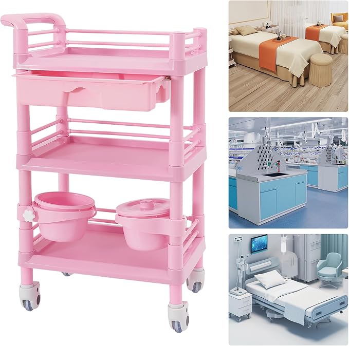 Mobile Salon Storage Cart with Wheel and Drawer, Portable 3-Tier Professional Trolleys, 176 Lbs Load Utility Tool, for Barber Stores, Spas, Homes, Beauty Store, Pet Shops (Pink)