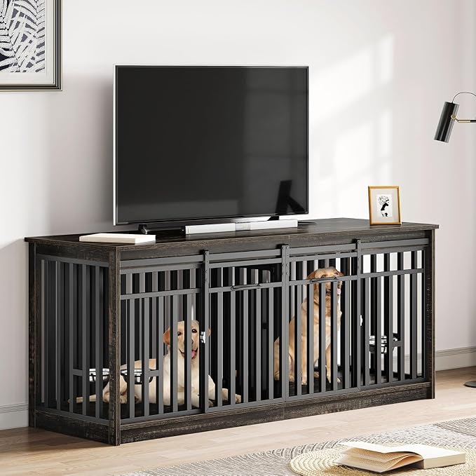 DWVO 71" Double Dog Crate Furniture for 2 Medium Dogs with Dog Bowls | Heavy Duty Wood Dual Dog Kennel TV Stand with Sliding Doors, Decorative 2 Dog Cage Table for Extra Large Dogs Black Oak