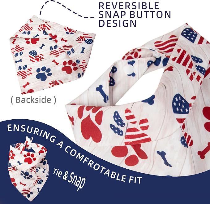 American Flag Dog Bandana,Patriotic Star-Spangled Paw Print Triangle Scarf,Adjustable Snap Button Pet Bib with American Flag Design,Small & Medium Breeds (5-30lbs)