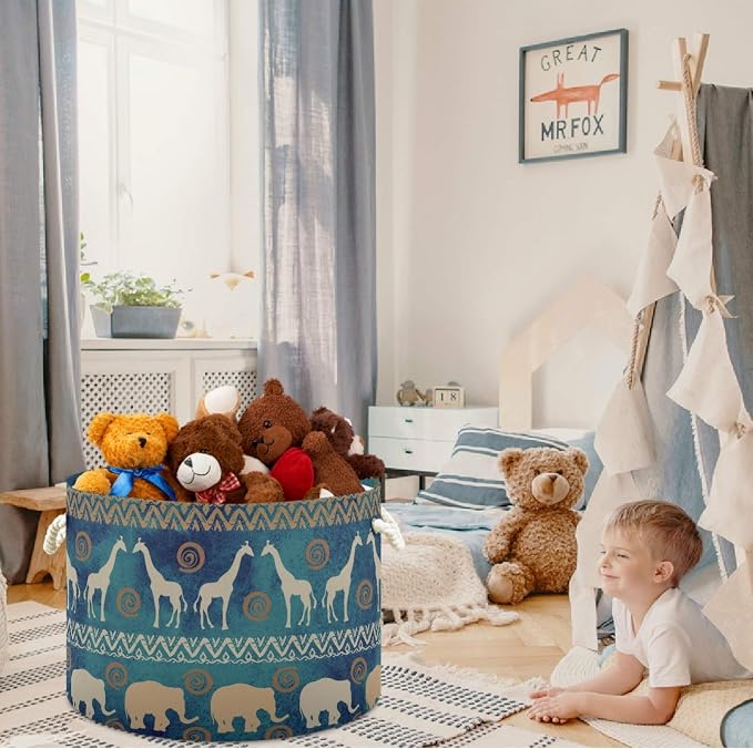 visesunny African Tribal Ethnic Elephant And Deer Collapsible Large Capacity Basket Storage Bin with Durable Cotton Handles, Home Organizer Solution for Office, Bedroom, Closet, Toys, Laundry