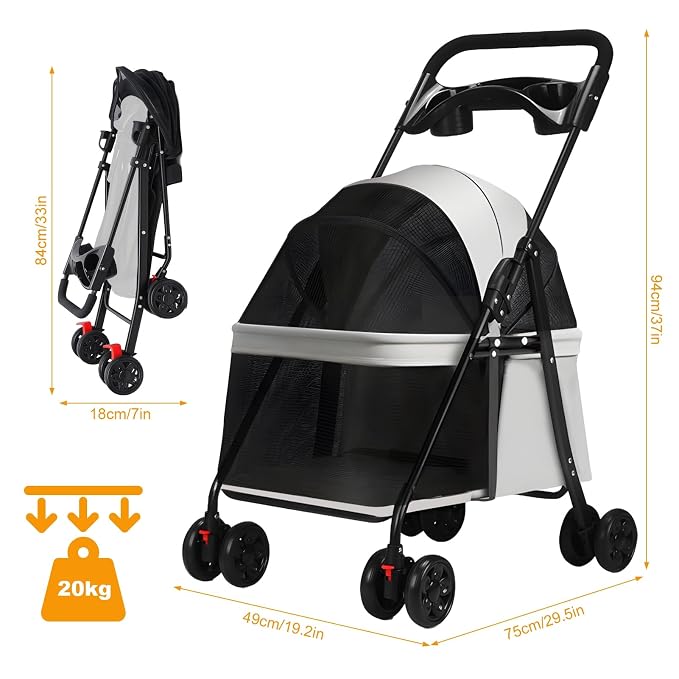 4‑Wheel Foldable Pet Stroller, Travel Strolling Cart for Small & Medium Dog | Breathable Visible Mesh Window, Cup Holder & Storage Basket, Rear Wheel Dual Brake, Portable Folding Design Light Grey