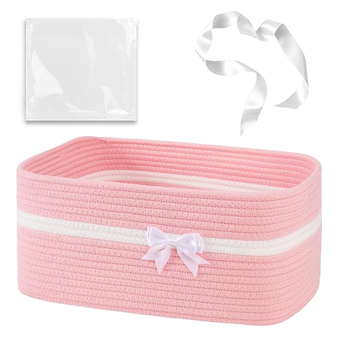 OIAHOMY Large Woven Storage Basket with Handles for Nursery Living Room Shelves, Bow Basket for Gifts Empty with Gift Bags and Ribbons for Baby Showers Pet Toy Bin - Pink, 19L
