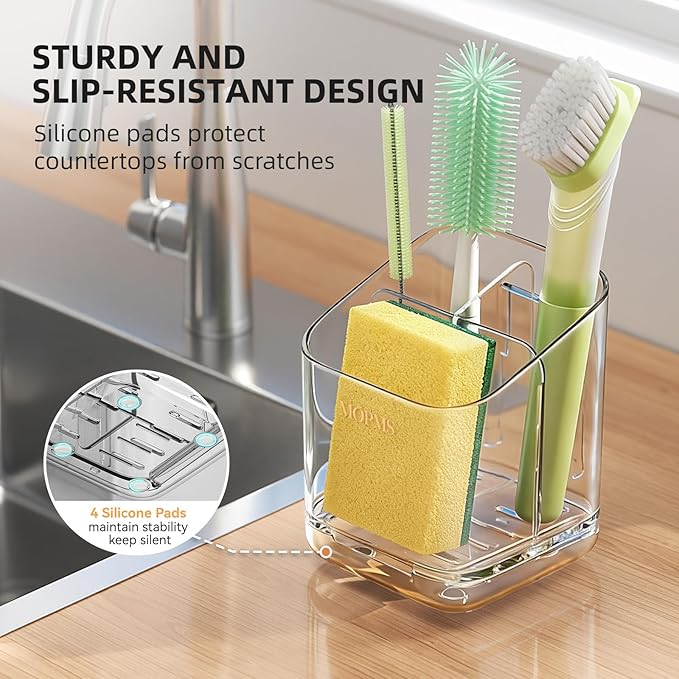 MOPMS Kitchen Sponge Holder with Drip Tray, Sink Caddy Organizer | Clear PET Kitchen Storage Rack Holds Brushes with Removable Divider, Durable Countertop Holder Space-Saving