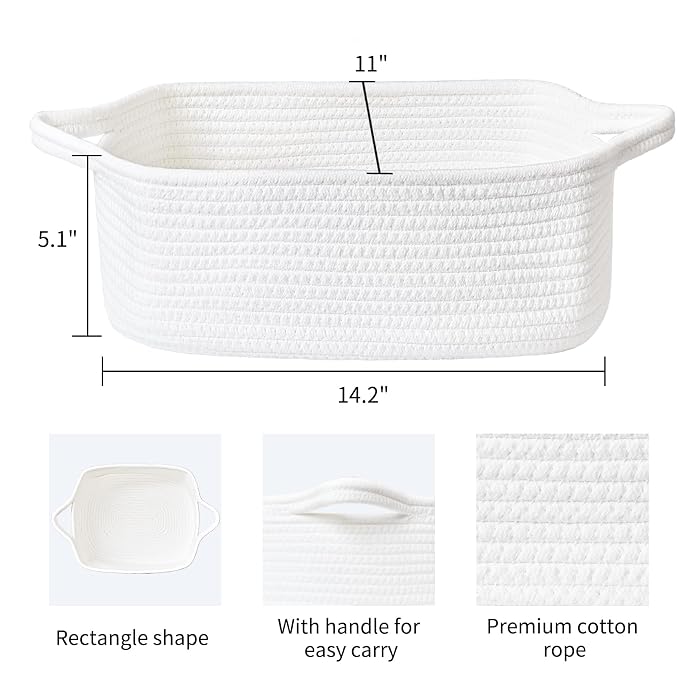 ABenkle Small Storage Basket with Handles, Cotton Rope Woven Dog Cat Toy Bin, Decorative Shelves Closet Organizing for Nursery Laundry Bedroom, 14.2''x 11''x 5.1''
