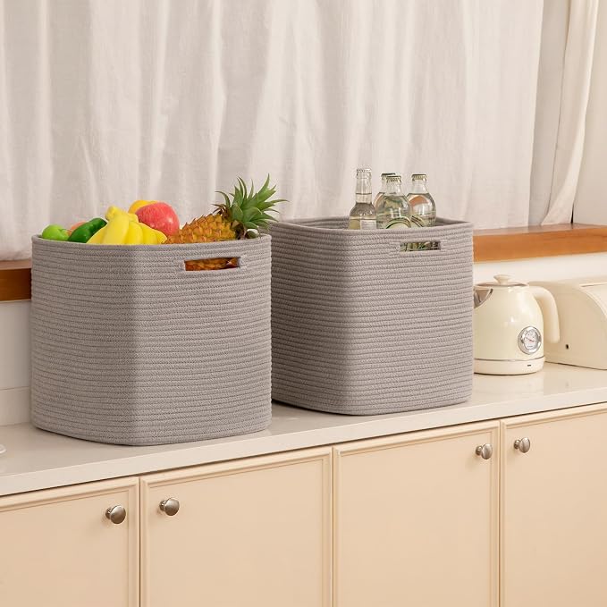 OIAHOMY 2 PACK Cube Storage Bin 13 Inch Collapsible Storage Cube Grey | Cube Storage Organizer Storage Bins for Shelves Baskets for Organizing Woven Rope Storage Baskets