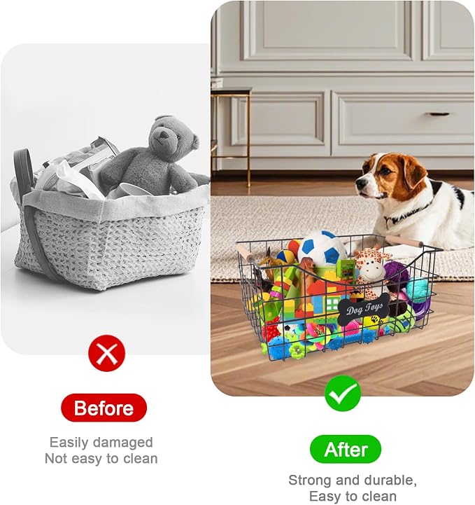 Metal Dog Toy Basket,Indestructible Dog Toy Bin with Wooden Handle,Sturdy Pet Storage Organizer,Ideal for Dog Leash,Blanket,Snacks-15.1 (L) x 10.7 (W) x 7 (H) inches