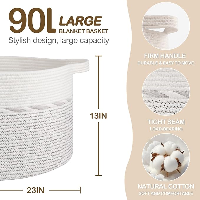 OIAHOMY 90L Extra Large Blanket Basket - Decorative Cotton Rope Storage Basket for Bedroom, Living Room & Nursery - Woven Laundry Hamper for Organizing Blankets, Clothes & Toys - Light Grey & White