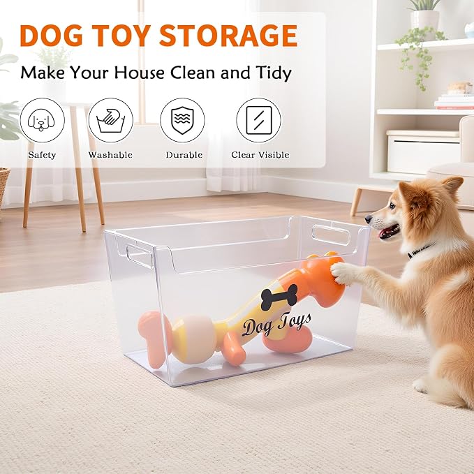 Morezi Dog Toy bin Basket Storage in Plastic Front Shallow Designed Dog Toy Organizer Great for Collecting pet chew Toys leashes Clothing in Living Room Area playroom Closet Shelf Gift Basket