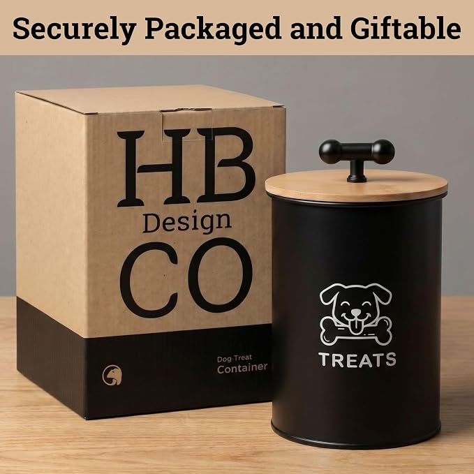 Dog Treat Container Airtight, 4.6"W x 6"H, Powder Coated, 6 Cup Capacity | Fits All Popular Treats, 6 Cup Capacity, Airtight Bamboo Lid, Easy Open Lid, Dent-Resistant Durable Metal Bone-Shaped Handle