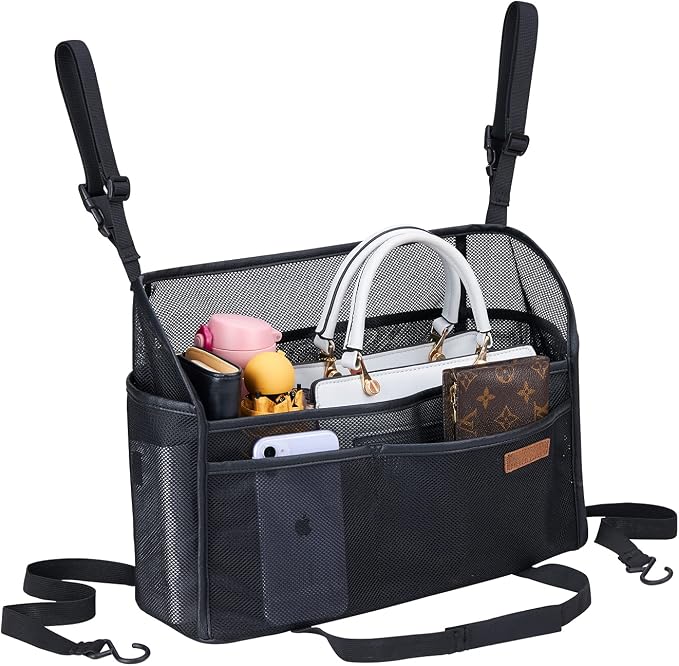 WLLWOO Car Net Pocket Organizer Purse Holder Console Front Seat Storage | Multi Pocket Car Seat Organize Bag Handbag Holder Between Seats Back Barrier
