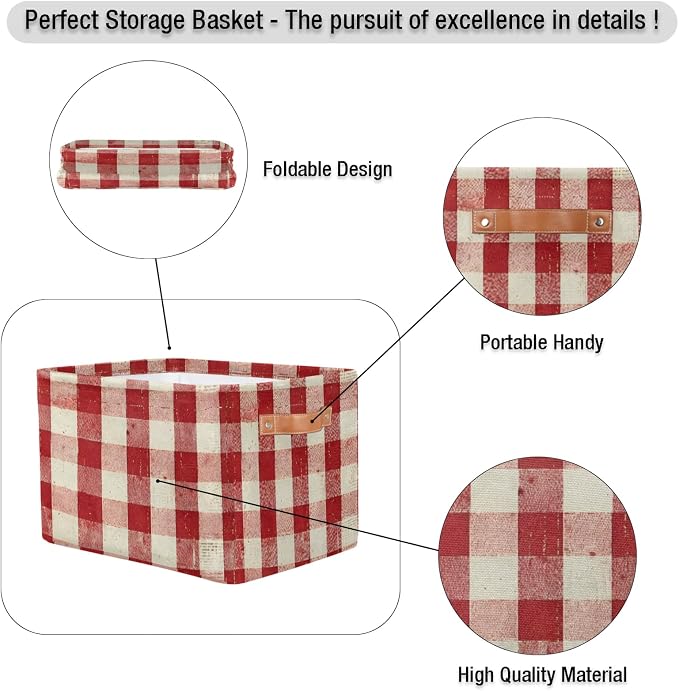 Storage Basket Classic Checkered Storage Cube Box Durable Canvas Collapsible Toy Organizer Bin with Handles for Shelf Closet Bedroom Home Office