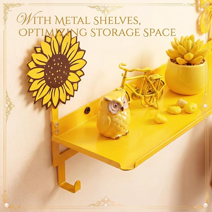 Yellow Sunflower Coat Rack Wall Mount with Shelf Metal Entryway Hanging Shelf with 4 Hooks Cute Beach Coastal Bedroom Accessories Decor for Dog Leash Pet Collar Keys Clothes Hats Towel Purse
