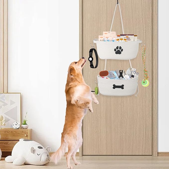 2-Tier Dog Baskets,Over Door Hanging Oganizer for Pet Stuff with Metal Hooks,Cotton Rope Wall-Mounted Storage Organizer for Dog Leash/Harness/Small Toys/Trash bag - Beige