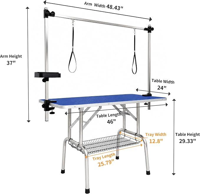 46'' Stainless Steel Dog Grooming Table, Foldable Pet Grooming Stand, Adjustable Arm, 2 Nooses & 2 Storage Baskets, Anti-Slip Top, Capacity, Medium Large Dog Cat Home Salon, Blue