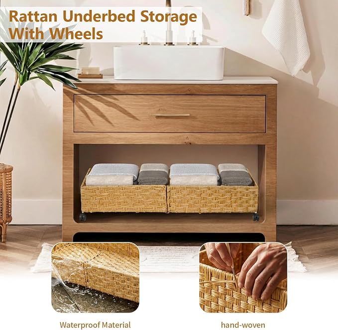 Under Bed Storage Containers with Wheels, 31.5” Large Handwoven Rattan Rolling UnderBed Storage Bins, Tool-free Assembly Natural Under The Bed Organizer Drawers for Bedroom, Sheets Clothes Blankets