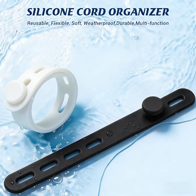 24 Pack Silicone Cable Ties, Cord Wrap for Home Office Travel Organizer | reusable, durable, adjustable, waterproof, elastic wire straps, multipurpose desk organization charger cord management holder