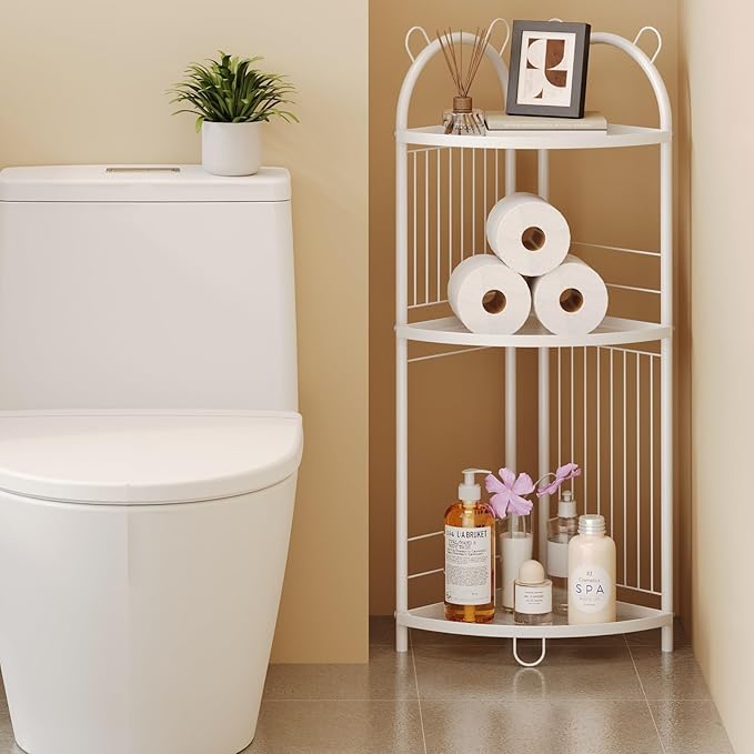 CICUFY Small Corner Shelf Metal Bathroom Corner Shelf 3 Tier Bathroom Stand Toilet Paper Storage Standing Shower Caddy Organizer Toilet Shelf Unit (White)