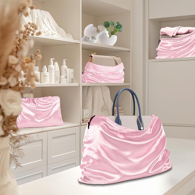 RUDONG M Satin Dust Bags for Handbag, Pink, 4 Pack | Silky, Drawstring, For Storage, Travel Pouch, For Clothes Shoes