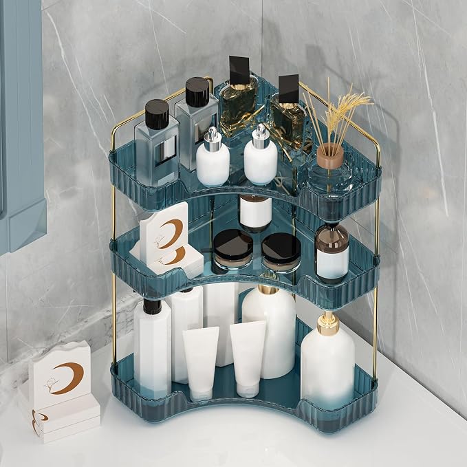 Corner Bathroom Counter Organizer Bathroom Countertop Shelf Makeup Organizer for Vanity Perfume Tray for Corner Storage (3 Tiers, Blue)