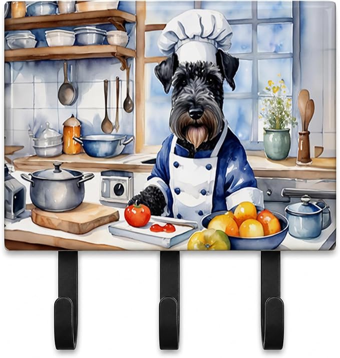 Caroline's Treasures Kerry Blue Terrier The Chef Leash or Key Holder Wall Hooks, Key Hooks Holder, Coat Rack Wall Mount, Coat Hooks, Hooks for Hanging Keys, Towels, Aprons, Leashes | Kerry Blue Terrier The Chef artwork on ceramic tile with three steel ...