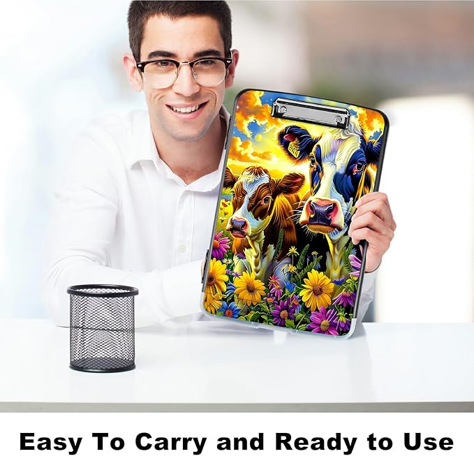 Purple Flower Cow A4 Clipboard with Storage Pen Holder, Clipboards Organizer Nursing Clipboard Foldable File Folder Plastic Clipboard Folio Clip Board for Office Students Classroom Doctor