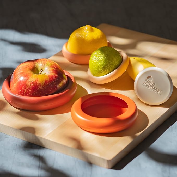 Food Huggers 5pc Reusable Silicone Food Savers | BPA Free | Plastic Free Food Storage | Dishwasher Safe | Fruit & Vegetable Produce Storage for Onion, Tomato, Lemon, Banana & Cans | Round, Terracotta