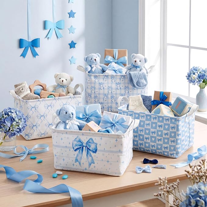 4pcs 4 Pcs Blue Bow Storage Basket for Gifts Collapsible Girls Coqutte Blue Storage Bins with Handle Cute Preppy Foldable Laundry Organizer for Home Bathroom Bedrooms Baby Clothes Toys Books