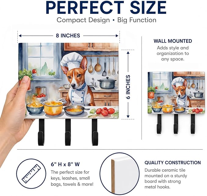 Caroline's Treasures Basenji The Chef Leash or Key Holder Wall Hooks, Key Hooks Holder, Coat Rack Wall Mount, Coat Hooks, Hooks for Hanging Keys, Towels, Aprons, Leashes | Basenji The Chef artwork on ceramic tile with three steel hooks for keys, leashe...