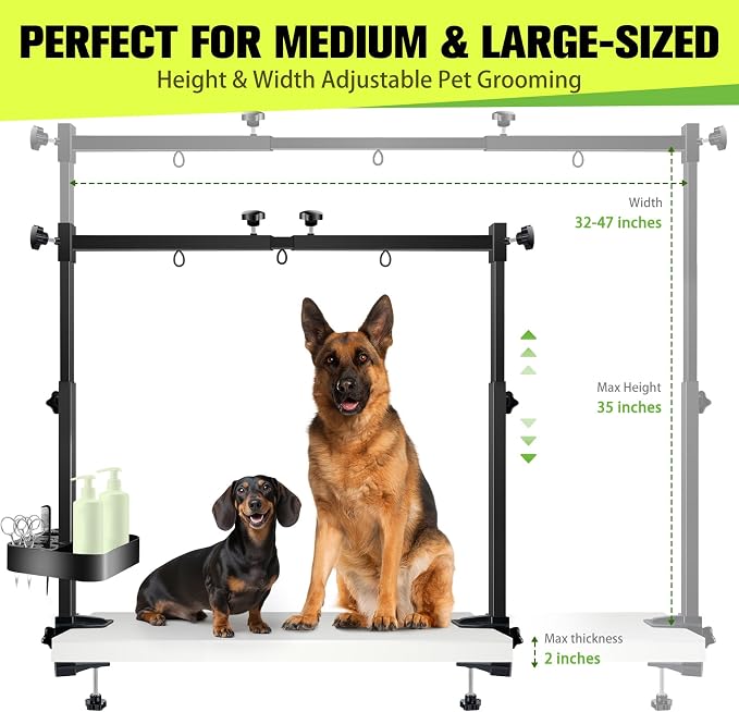 LanBlu Adjustable Dog Grooming Arm for Table, Grooming Table for Small Dog | Dog Grooming Arm For Small Dogs Under 79Lbs，Adjustable Height 35" & Widith From 32"to 47"，A Hammock & A Organizer Included