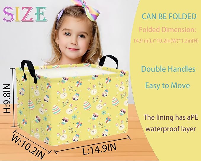 Large Rectangular Easter Baskets Empty Waterproof Boy Toy Box Foldable Kid's Gifts Storage Bin Spring Room Decor(Gift Box Rabbit Egg)