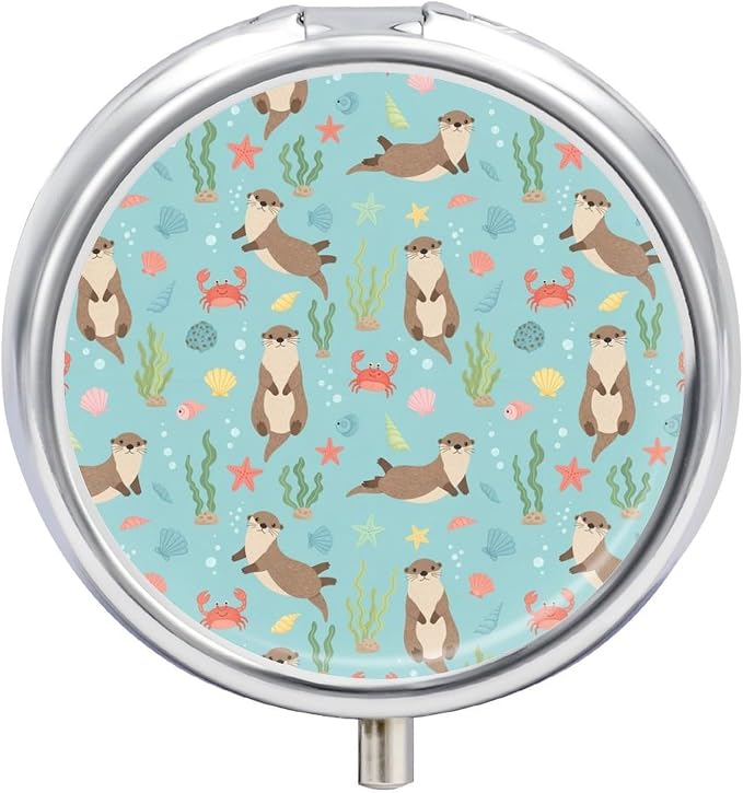 Compact Pill Holder, Cute Sea Otters Round Mini Dispenser, Travel Organizer Case for Medicine, Purse Pocket Box for Outdoor Enthusiasts