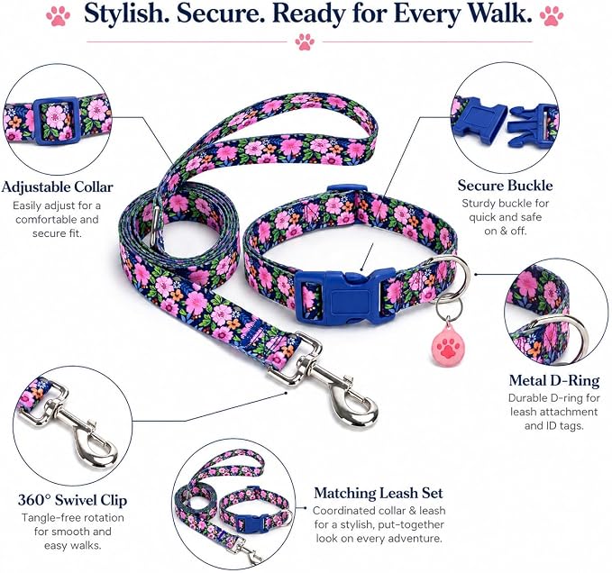 Floral Matching Dog Collar and Leash Set with AirTag Holder-Daisy/XS | Anti-Lost,Adjustable Durable Pet Collar Leash Combo for Puppy X-Small Boy Girl Dogs,Outdoor Walking Hiking Training Running