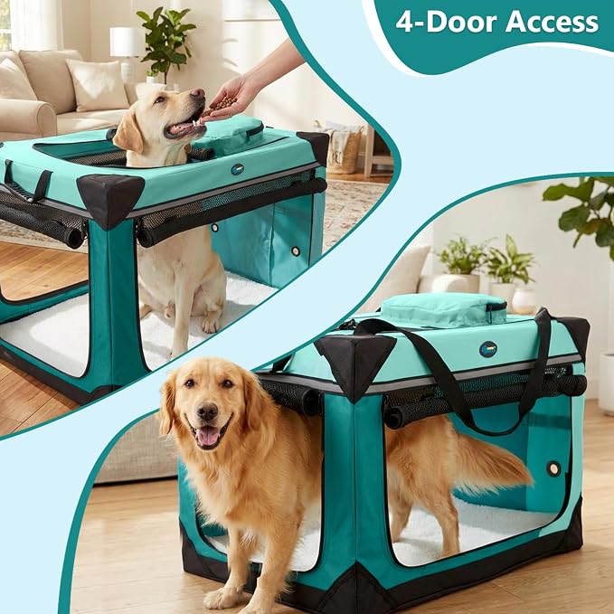 Ownpets Collapsible Dog Crate, 42 inch Portable Travel Dog Crate for Large Dogs, 4-Door Foldable Pet Kennel with Durable Mesh Windows & Soft Mat | Foldable, Portable, 4-Doors, 4-Side Mesh Windows, Steel Frame Oxford Cloth, Soft Cushion Mat, Leash, Easy...