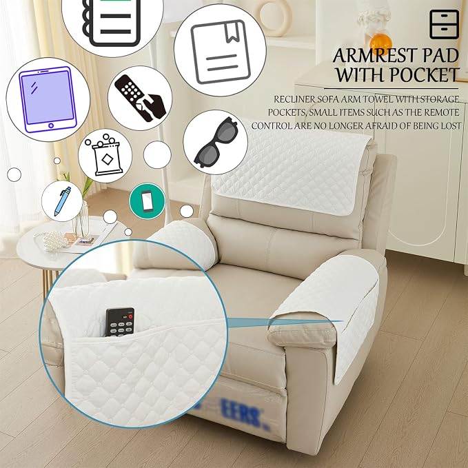 Water-Resistant Sofa Armrest and Headrest Covers, 2 Pockets | Quilted polyester helps shield recliners, loveseats and sofas from daily wear; silicone backing and fasteners improve grip