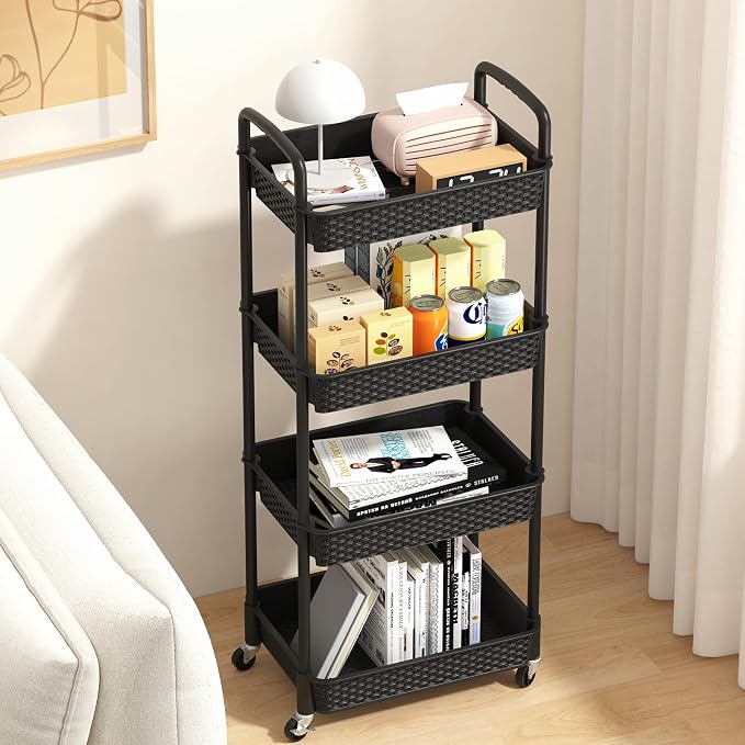 MOYIPIN 4-Tier Plastic Rolling Utility Cart with Handle, Black | Utility Storage Cart for Office, Living Room, Kitchen,Movable Storage Organizer，Easy installation，Rattan-like art design