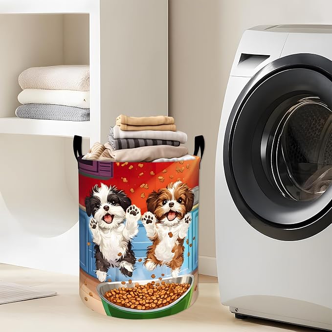 Funny Dog Laundry Basket, Puppy Pet Food Bowl Print Storage Hamper, Round Collapsible Waterproof Cloth Bin, 19.7x15.7 Inch Playful Clothes Organizer Gifts for Bathroom Decor