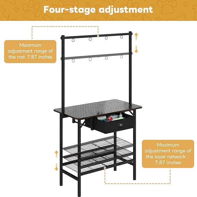 Dog Grooming Table with Drawers and Mesh Tray,32 Inch Adjustable Pet Grooming Table with Non-slip Removable Washable Mat and EVA Protective Lanyard ,Professional Grooming Table for small Dogs at Home