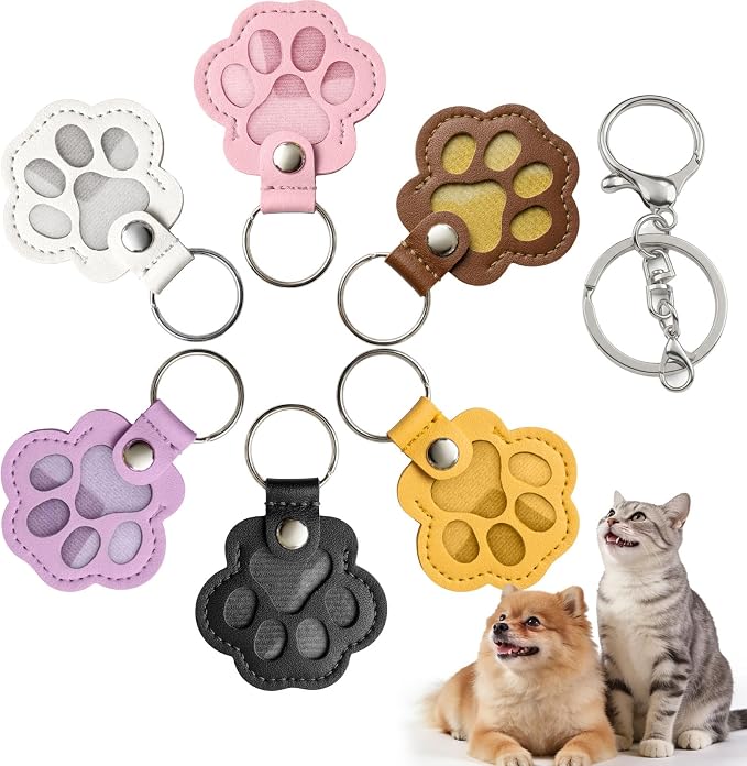 6 Pack Pet Fur Keepsake Keychain, Paw Shaped Leather Cat & Dog Hair Keepsake, Dog Hair Storage Cat Fur Collector Sympathy Memorial Gift for Loss of Pets, Pet Lover Commemorative Keyring