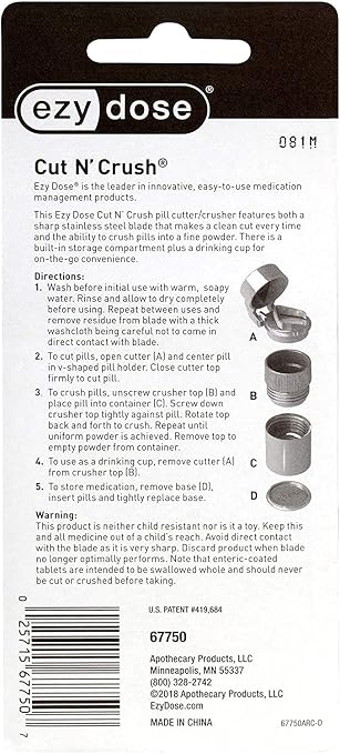 EZY DOSE 3 Compartment Pill Crusher, Cutter and Grinder, Daily Usage, Safely Cut Pills, Vitamins, Tablets, Accurate and Easy Cutting, Stainless Steel Blade, Removable Drinking Cup, Blue, BPA Free