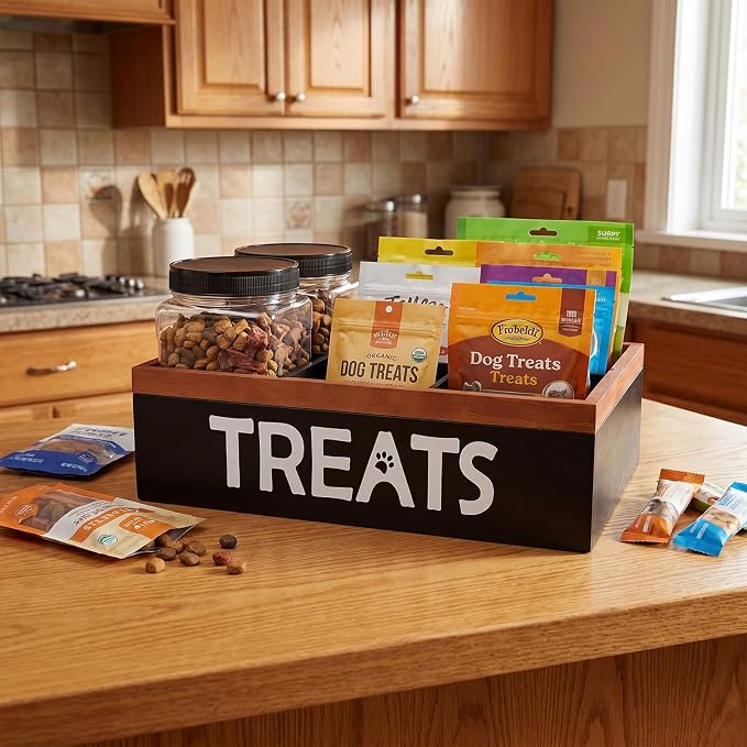 Pethiy Dog Treat Organizer Box with 2 Plastic Jars & Compartments | Wooden Pet Supplies Organizer for Countertop,Pet Treat Storage Box with Dividers pet treat storage with handle dog