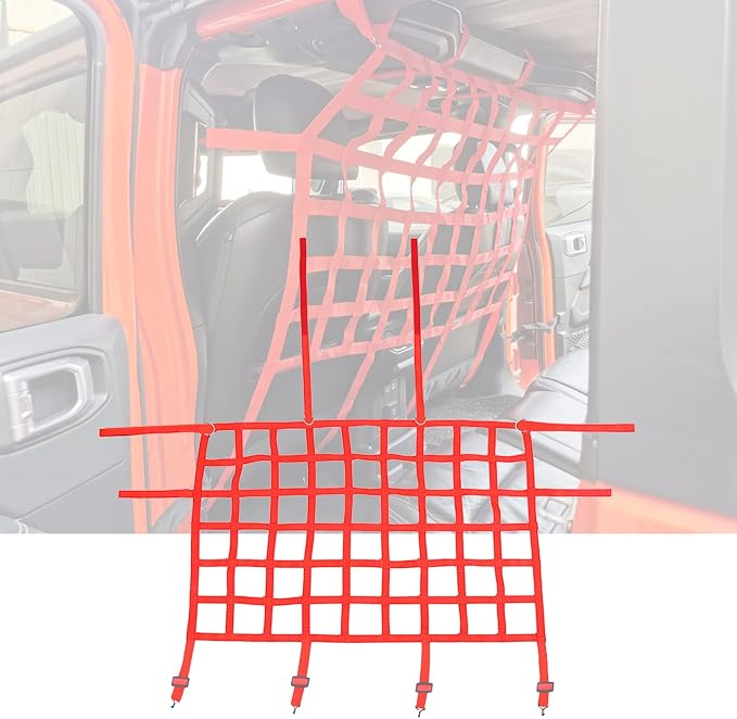 Rear Seat Dog Barrier Net Divider for Jeep Wrangler JK JL JT 2007-2025 | Fits Jeep Wrangler JK JL & Gladiator JT 2/4 Door, Red, Thickened Polyester Pet & Child Safety Barrier, No-Tool Install