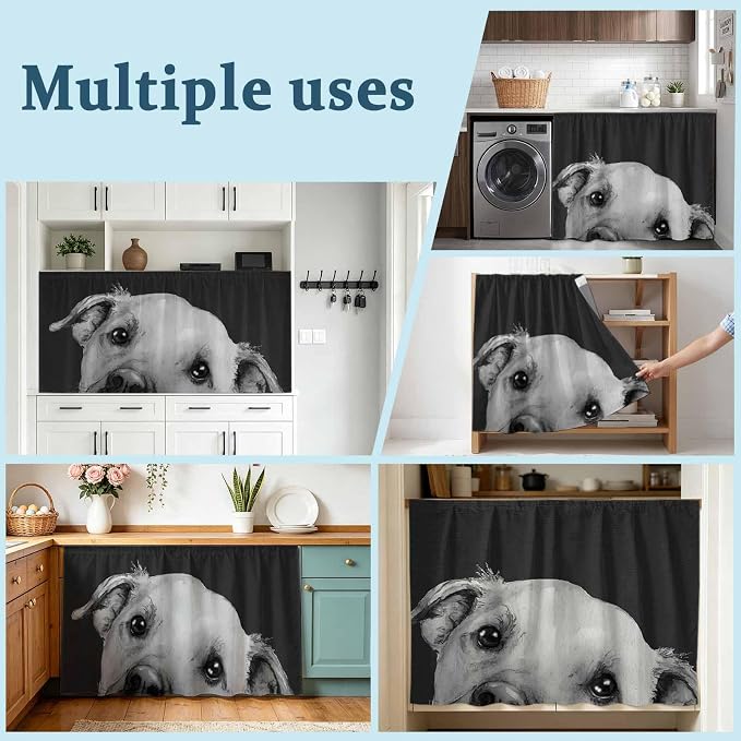 Black Dog Cabinet Curtain 35"Wx35"L,Dustproof Under Sink Skirt with Self Adhesive Tape,Cute Pets Eyes Animals Fur Vintage Oil Painting Cabinet Curtain Cover for Kitchen Sink,Bathroom Vanity,Laundry