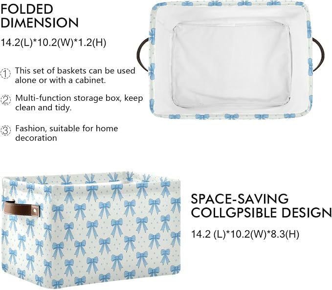 Wamika Blue Bow Storage Basket with Waterproof Liner and PU Handles Coquette Bowknot Storage Bins Boxes 14.2" Collapsible Decorative Organizer Baskets for Bedroom Closet Office 1 Pack