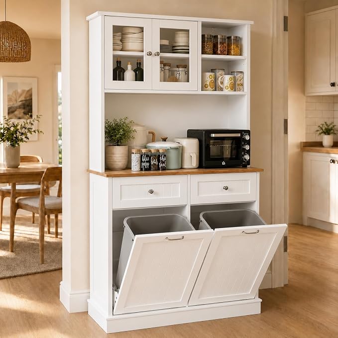 LOUVIXA 68.4" Kitchen Pantry Storage Cabinet, Freestanding Cupboard with Shelf, 2 Drawers and 1 Tilt Out Trash Cabinet, Tall Cabinets for Kitchen, Dinning Room, Living Room (White, Double Tilt)