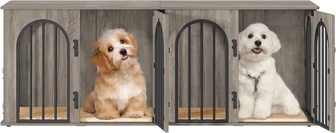 Hzuaneri 63" Double Dog Crate Furniture, Dog Kennel Indoor with Cushion | Heavy Duty Dog Crate Furniture for 2 Dogs,Dog Cage End Table TV Stand with Divider for Med-Large Dogs,Greige Black DFC80905B