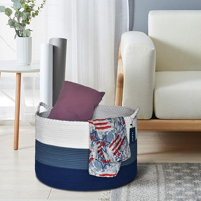 COMSE XXXLarge Woven Blanket & Laundry Basket, 87L, White & Blue | 21.7" x 13.8", Cotton Rope, Nursery Hamper for Storage of Toys Clothes Towels, Ideal for Living Room Bedroom Bathroom