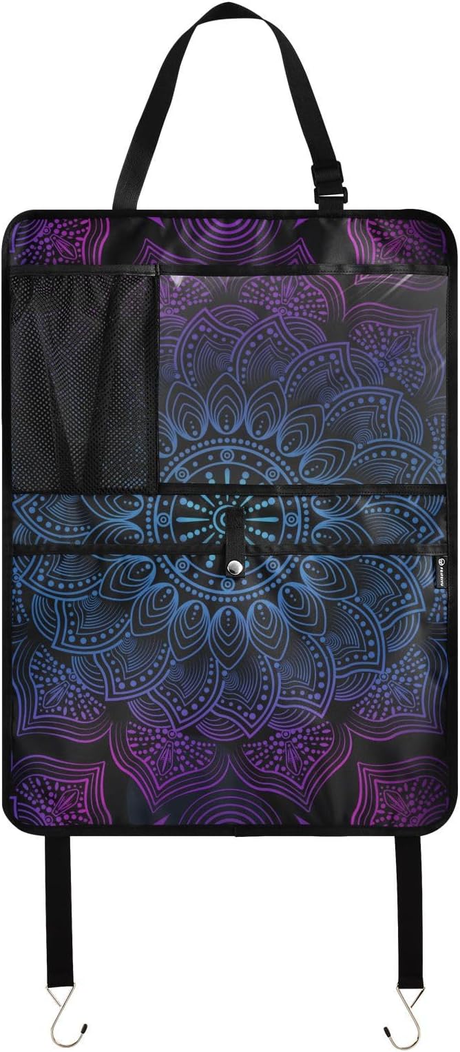 JIPONI Car Backseat Organizer, Boho Mandala Automotive Back Seat Protector, Kick Mats with Storage Pockets for Kids Pets, Road Trip Accessories