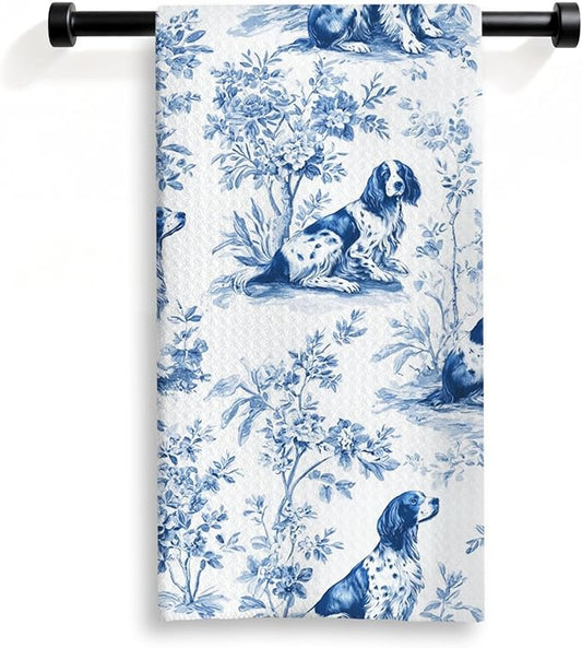 Brittany Spaniel Kitchen Dish Towels,Blue and White Floral Dog Towel Dish Tea Towels, Chinoiserie Decor for Kitchen Bathroom,Spaniel Gifts for Dog Lover Mom Dad,16x24 Inch
