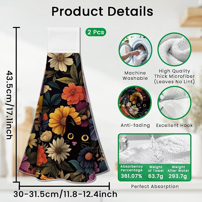 CUTHOLLOW Black Cat and Colorful Flower Hanging Kitchen Towels with Loop, Set of 2-Soft & Super Absorbent Microfiber Decorative Hanging & Hand Towel, Tea Coffee Towel for Kitchen Bathroom Oven Handle