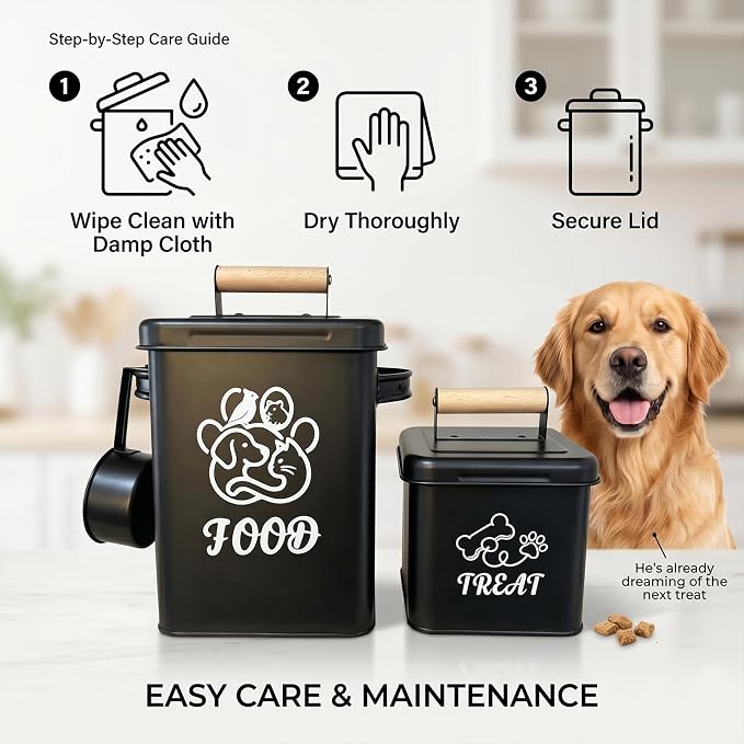 Airtight Dog Treat Container Set of 2 | Iron jars, 26 cup capacity, food-grade coated, includes 1 scoops, keeps treats fresh, fits kibble & biscuits,black